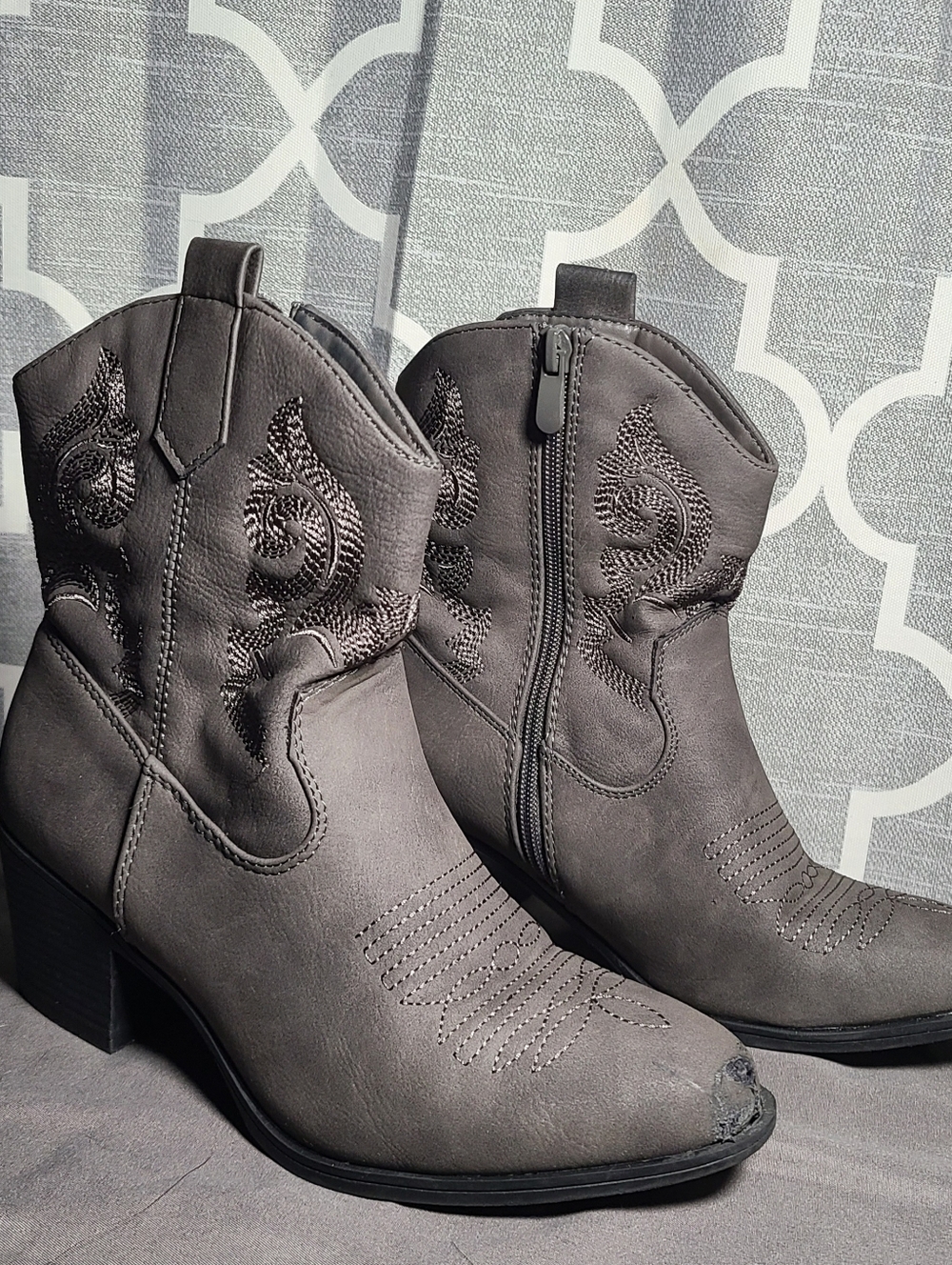 Global Win Gray Embroidered Mid-Heel Ankle Boots